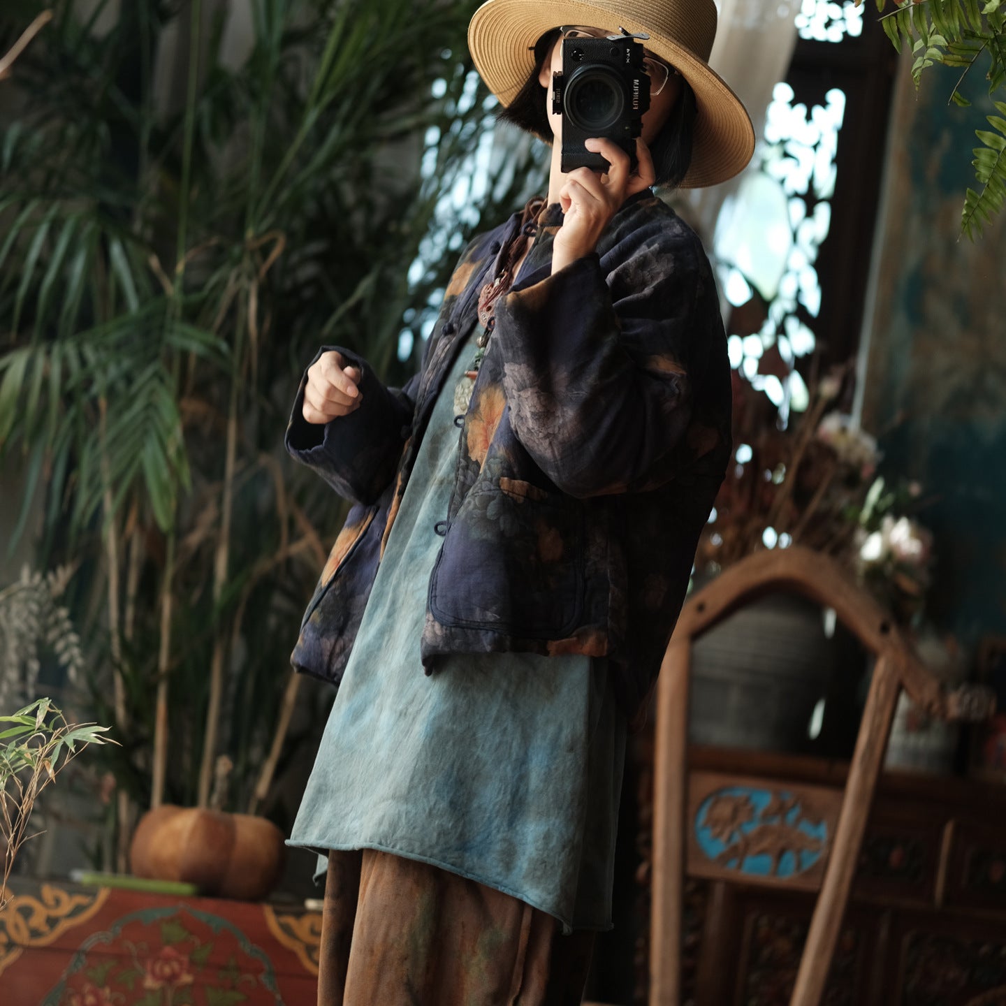 100% Cotton Women Quilted Chinese Jacket with Pockets and Vintage Print 251115w 1791