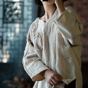 Linen Cotton Women Blouse with Hand Sewing Details, linen Tunic women in Chinese Traditional Style 231944s