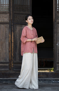 Linen Cotton Women Blouse with Traditional Buckle Button, chinese style women blouse linen liziqi, Taichi jacket, Tang suit 240720s