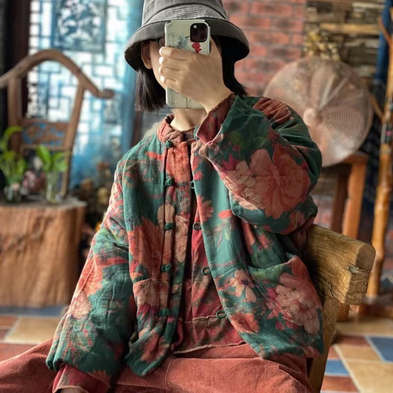 100% Cotton Winter Women Quilted Jacket with Floral Print in Hanfu Style, Chinese style Hanfu 240924a 1912