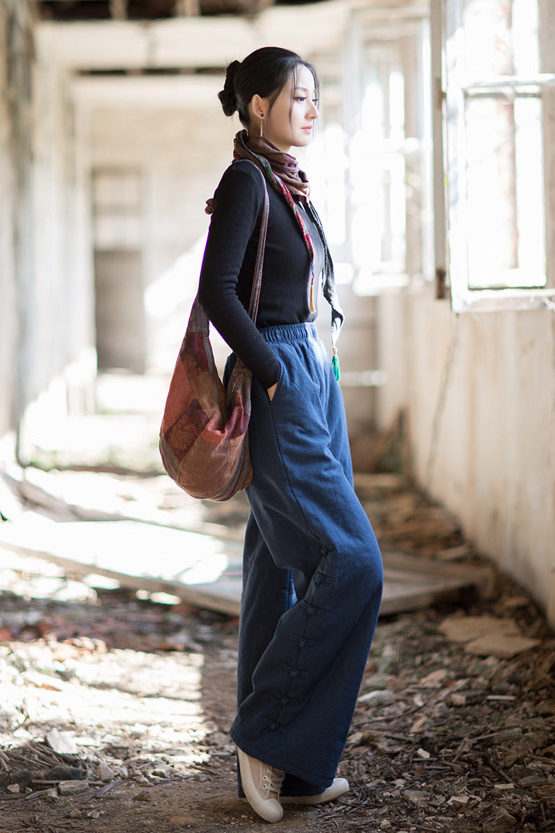 Ramie Linen Cotton Quilted Thick Pants with Pockets & Frog Buttons Design, winter women pants 251102w