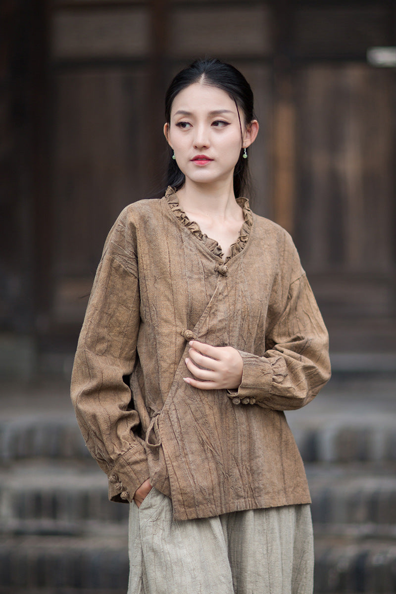 Ramie Linen Women Shirt in Hanfu Style with Ruffled Collar & Diagonal Closure 250922a