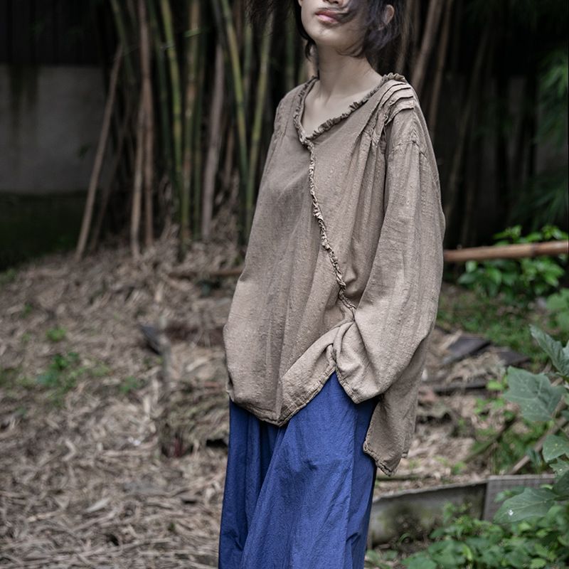 Linen Cotton Women Shirt Pullover with Ruffle Details 250401s