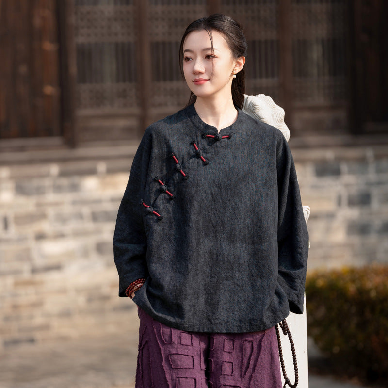 Ramie Linen Women Hanfu Pullover with Color-Block Traditional Buttons 250811s