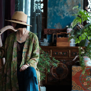 100% Linen Chinese Women Blouse with Vintage Print, linen women open Shirt Jacket 250410s 2193