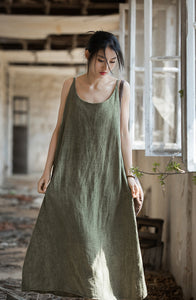 Linen Cotton Sleeveless Spaghetti Dress,  women overall, women linen dress 240611s