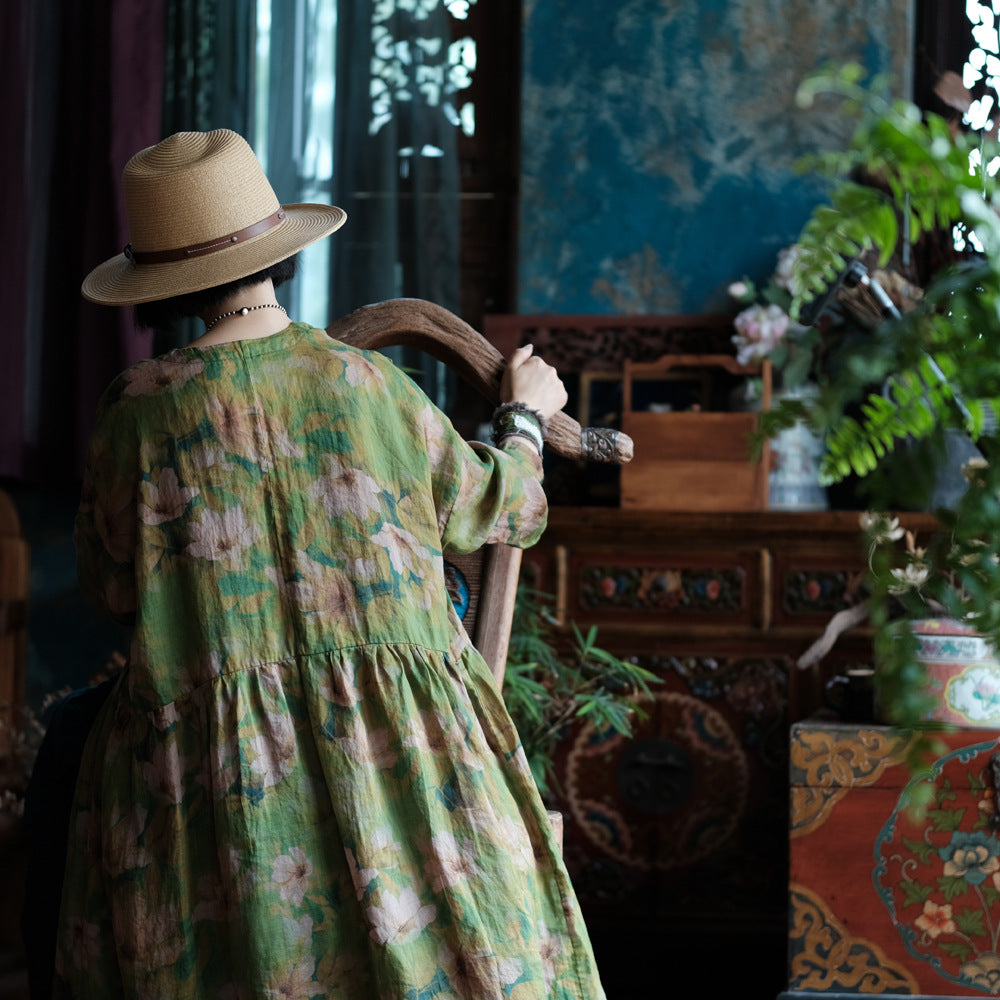 100% Linen Chinese Women Blouse with Vintage Print, linen women open Shirt Jacket 250410s 2193