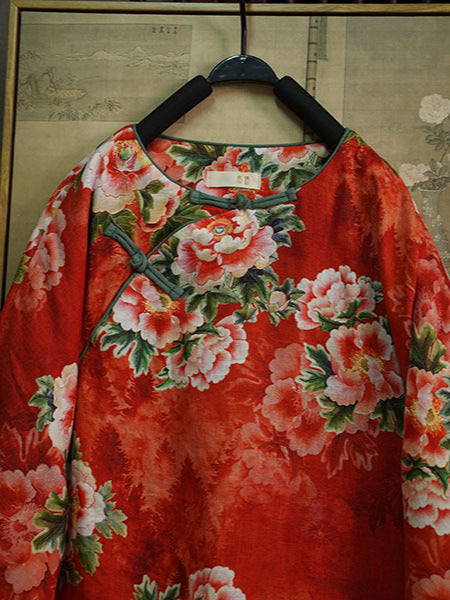 Linen Cotton Winter Women Quilted Jacket in Hanfu Style with Floral Print, Chinese style Hanfu 251024w