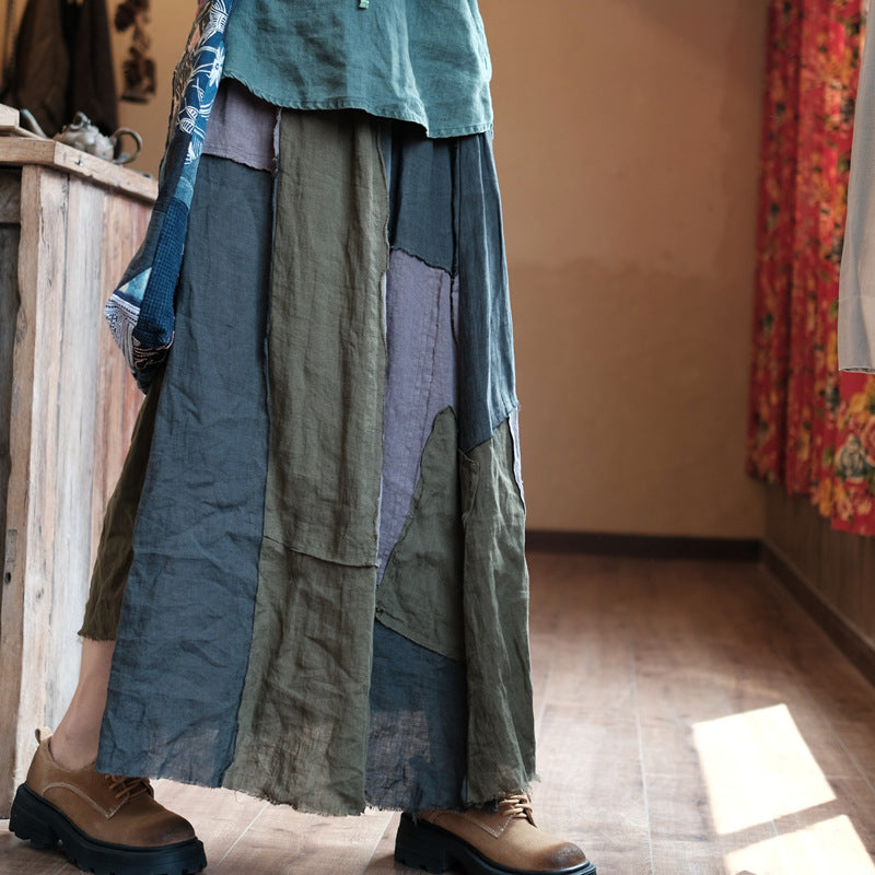 100% Linen Maxi Skirt with Hand Sewed Patchwork, linen autumn skirt, midi skirt linen, maxi skirt summer 231901t
