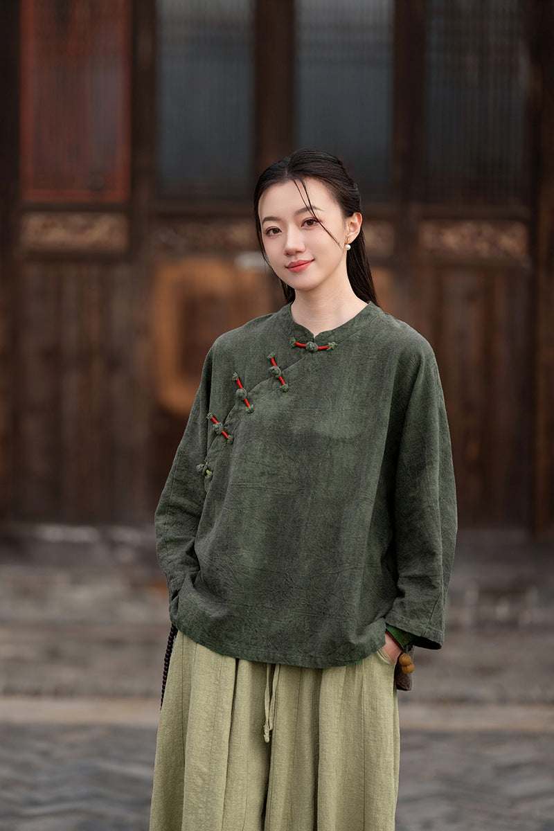 Ramie Linen Women Hanfu Pullover with Color-Block Traditional Buttons 250811s