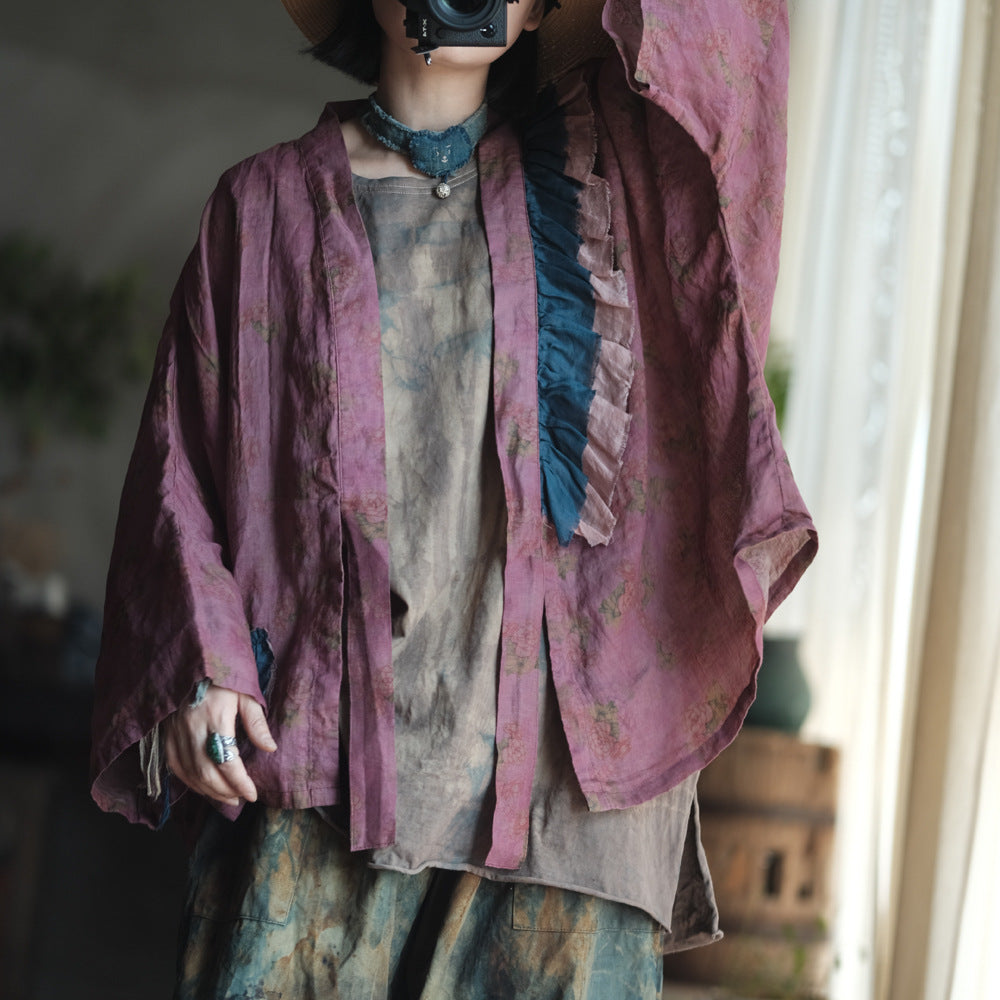100% Linen Women Blouse with Ruffle Details, Linen women blouse 250404s 2367