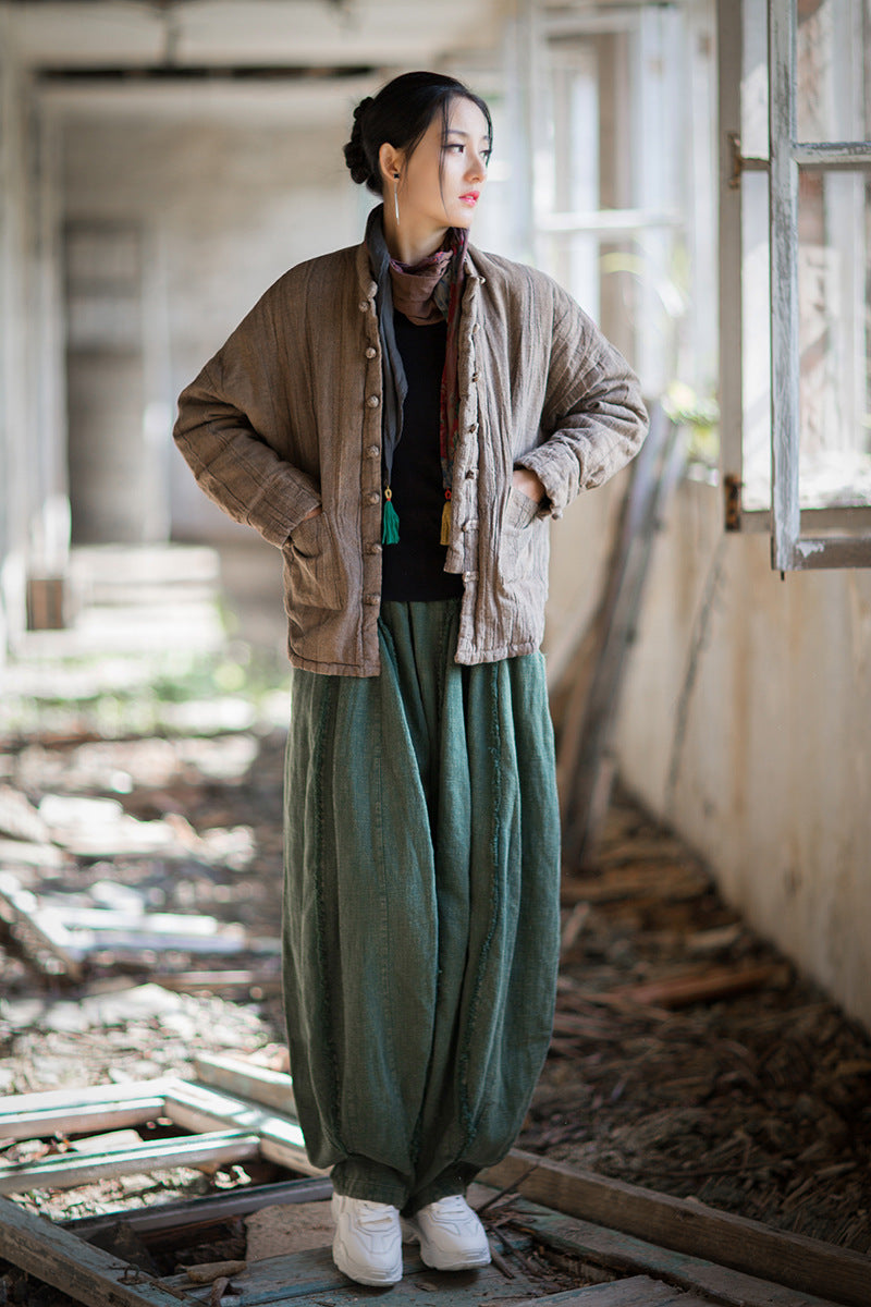 Ramie Linen Cotton Women Quilted Jacket with Pockets & Frog Buttons in Hanfu Style, Chinese style Hanfu 251109w