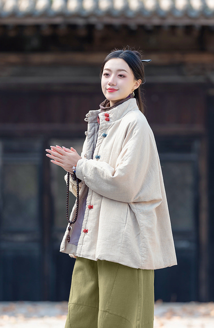 Ramie Linen Cotton Women Quilted Jacket with Pockets & Color-block Buttons in Hanfu Style, Chinese style Hanfu 251121w