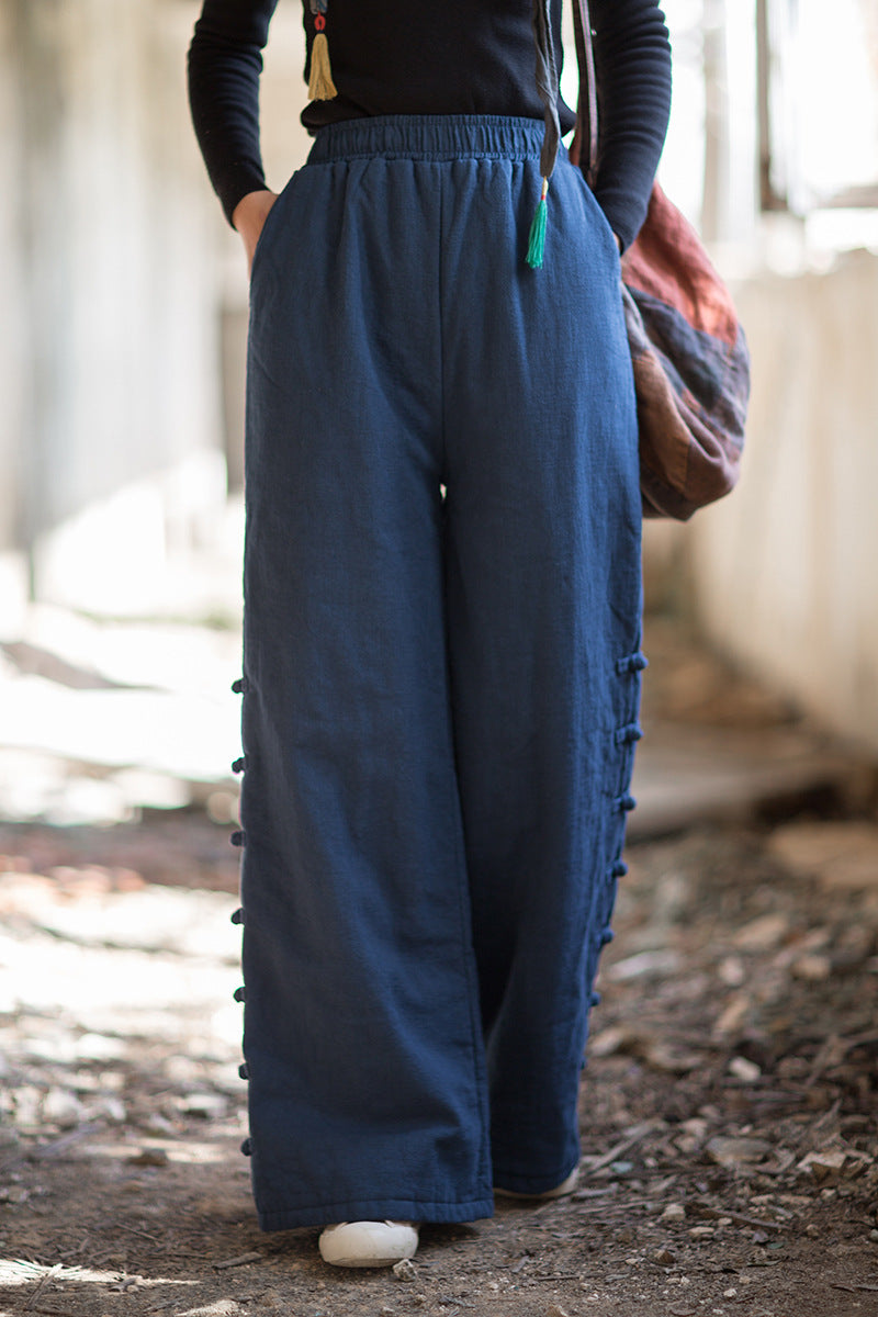 Ramie Linen Cotton Quilted Thick Pants with Pockets & Frog Buttons Design, winter women pants 251102w