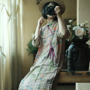 100% Linen Vintage Chinese Women Long Dress with Floral Print, linen women Cheongsam 240050s