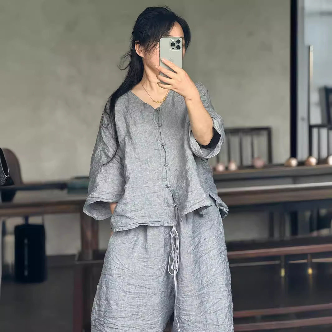 100% Linen Women Shirt with Chinese Traditional Buttons 250803s 4352