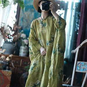 100% Linen Women Tunic Dress with Floral Print, Linen Maxi Dress for Yoga 240705s