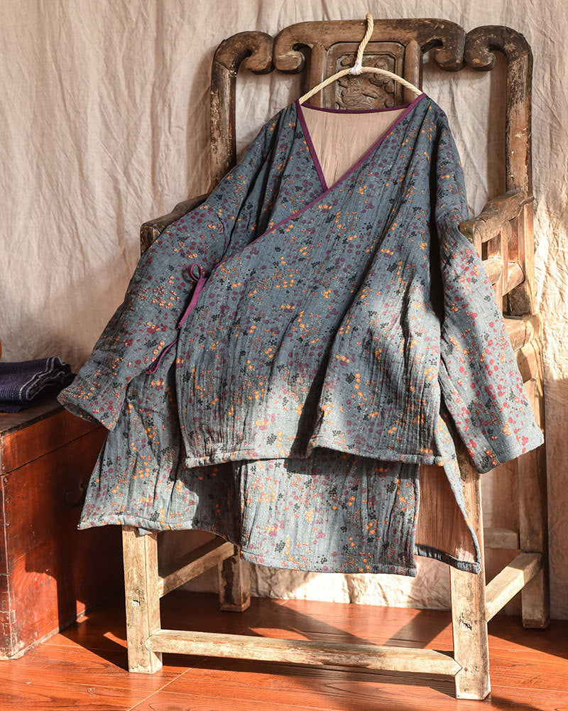 Linen Cotton Cross Collared Autumn Wrap Hanfu with Front-Tie 250905a