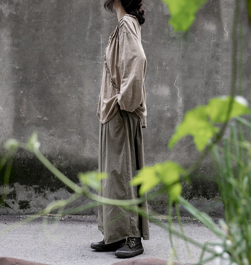 Linen Cotton Women Shirt Pullover with Ruffle Details 250401s