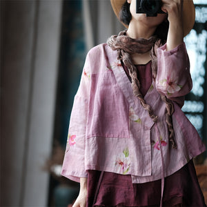 100% Ramie Linen Vintage Chinese Women Jacket with Chinese Collar and Floral Print, linen women Shirt Jacket 241504s