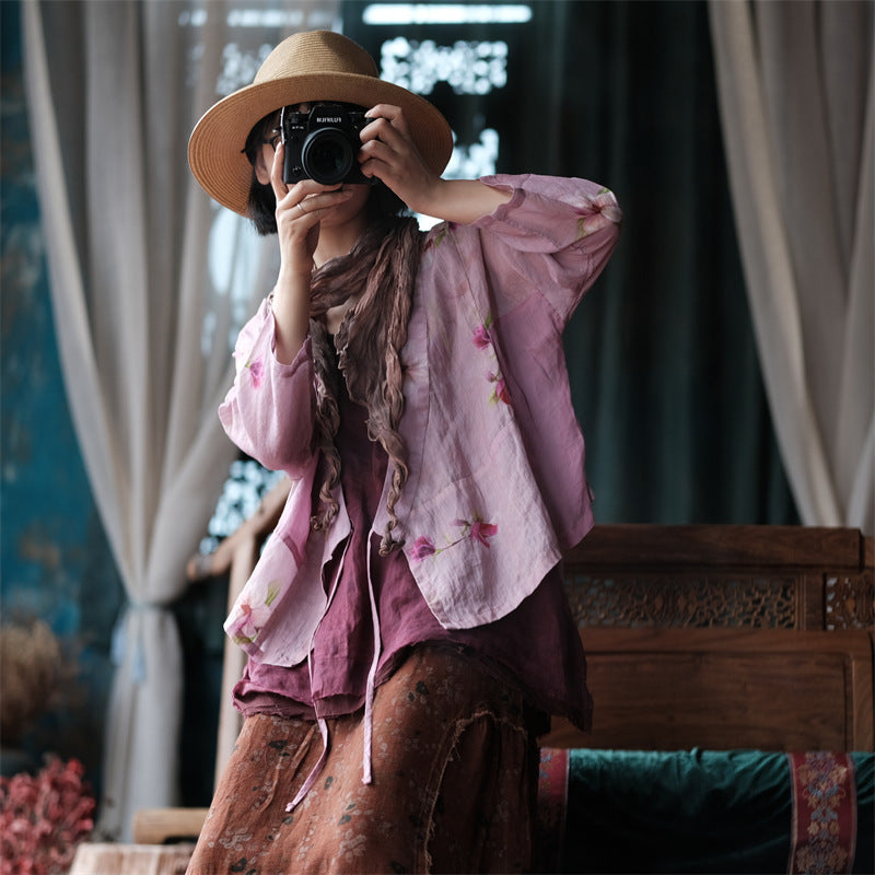 100% Ramie Linen Vintage Chinese Women Jacket with Chinese Collar and Floral Print, linen women Shirt Jacket 241504s