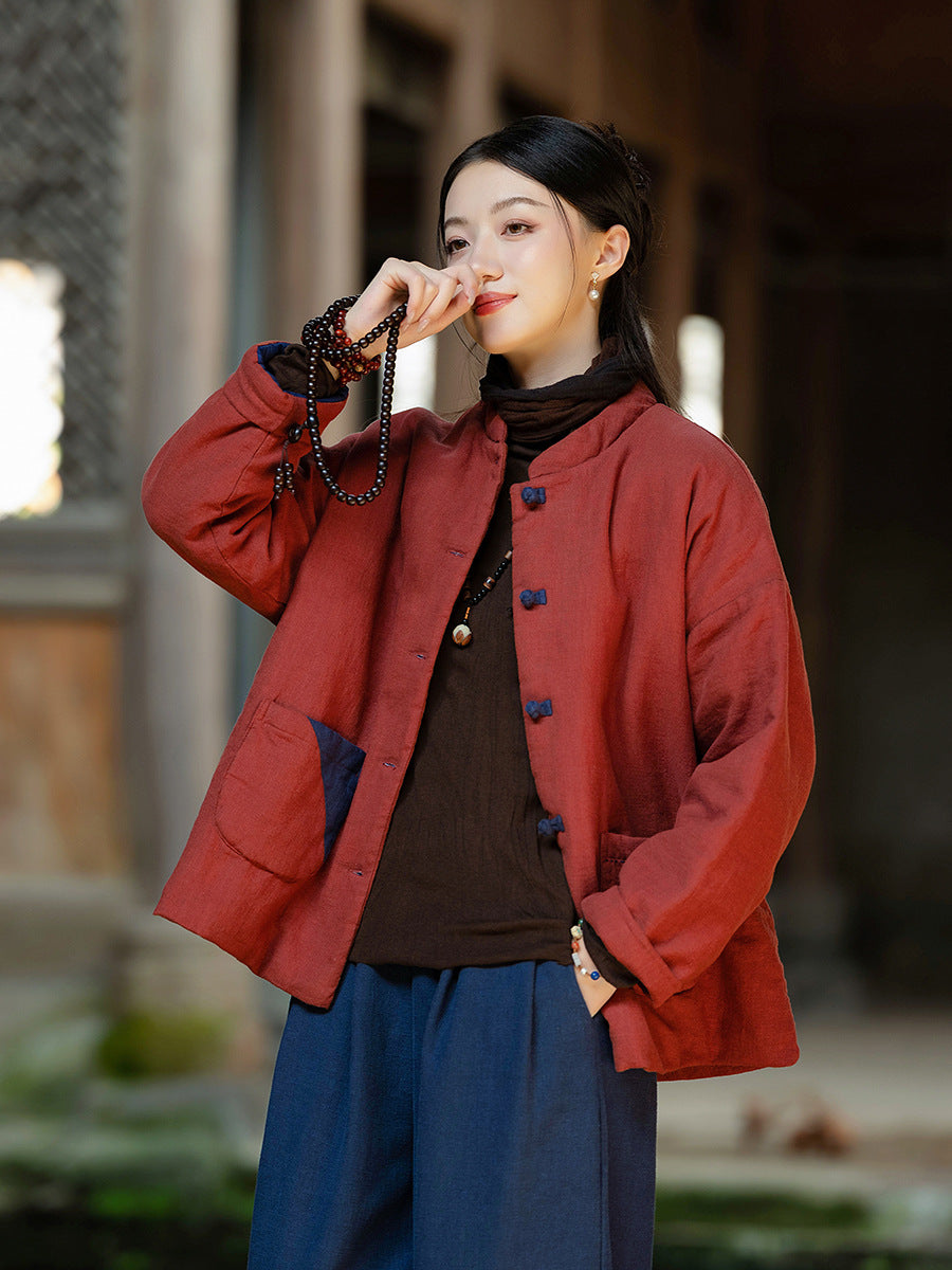 Ramie Linen Cotton Women Quilted Jacket with Pockets & Color-block Buttons in Hanfu Style, Chinese style Hanfu  251123w