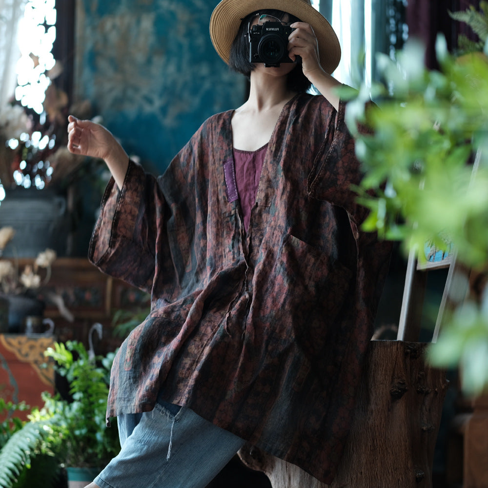 100% Ramie Linen Women Long Blouse with Patchwork Details and Vintage Print, linen women Shirt Jacket 250412s 2185