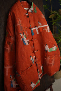 100% Linen Women Quilted Chinese Jacket with Vintage Print and Traditional Chinese Buttons 240106w