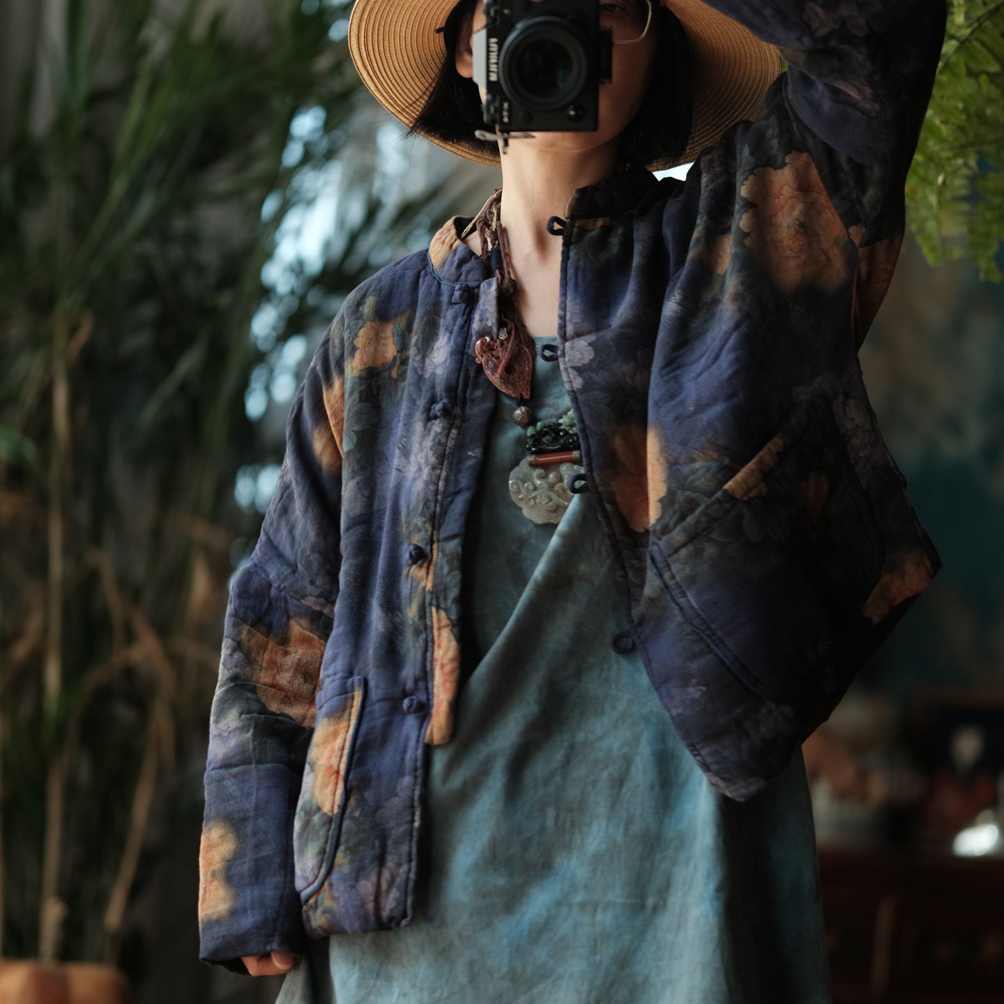 100% Cotton Women Quilted Chinese Jacket with Pockets and Vintage Print 251115w 1791