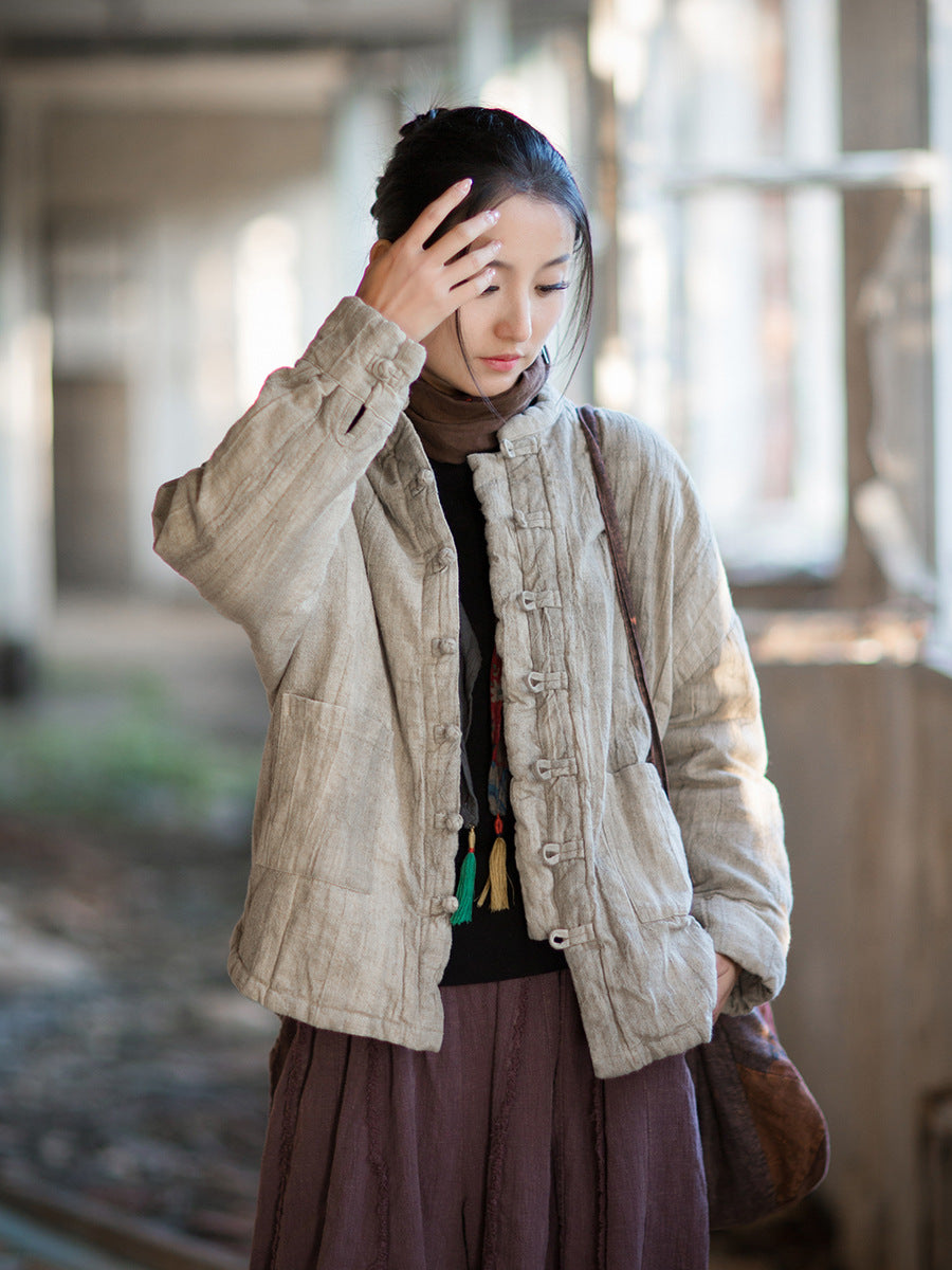 Ramie Linen Cotton Women Quilted Jacket with Pockets & Frog Buttons in Hanfu Style, Chinese style Hanfu 251109w