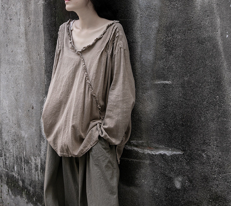 Linen Cotton Women Shirt Pullover with Ruffle Details 250401s