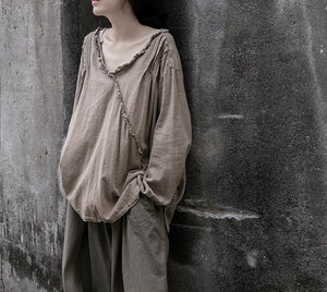 Linen Cotton Women Shirt Pullover with Ruffle Details 250401s