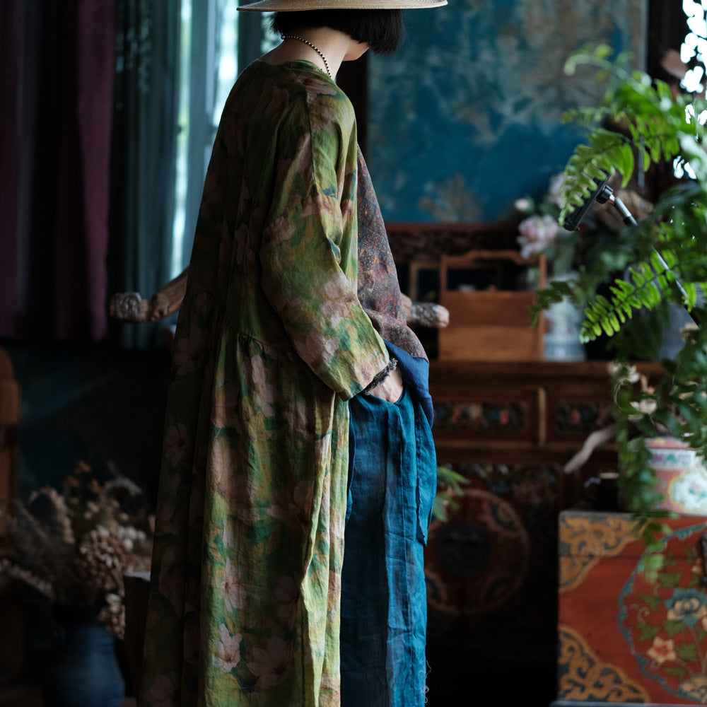 100% Linen Chinese Women Blouse with Vintage Print, linen women open Shirt Jacket 250410s 2193