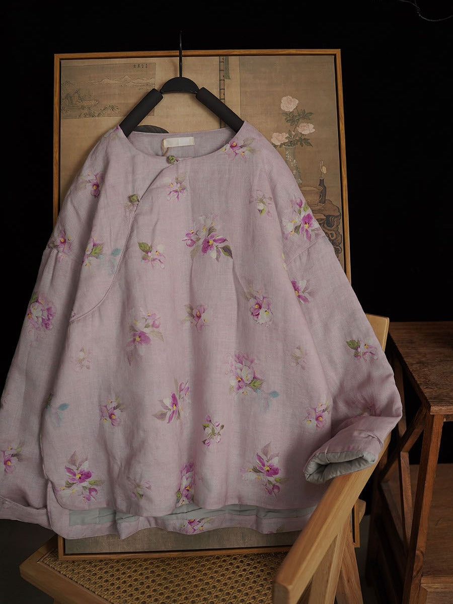 Linen Cotton Women Quilted Chinese Pullover with Vintage Floral Print and Traditional Chinese Buttons 251117w 210018