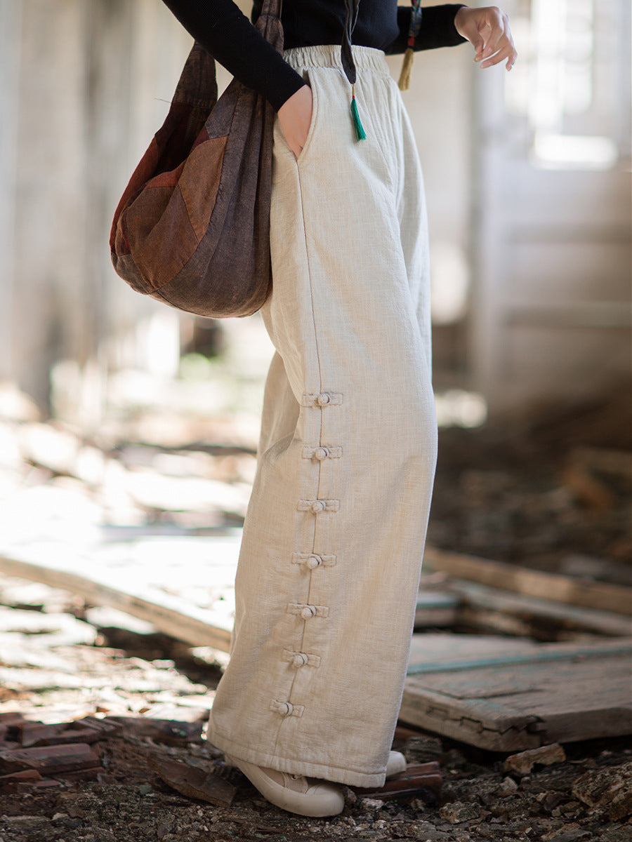Ramie Linen Cotton Quilted Thick Pants with Pockets & Frog Buttons Design, winter women pants 251102w