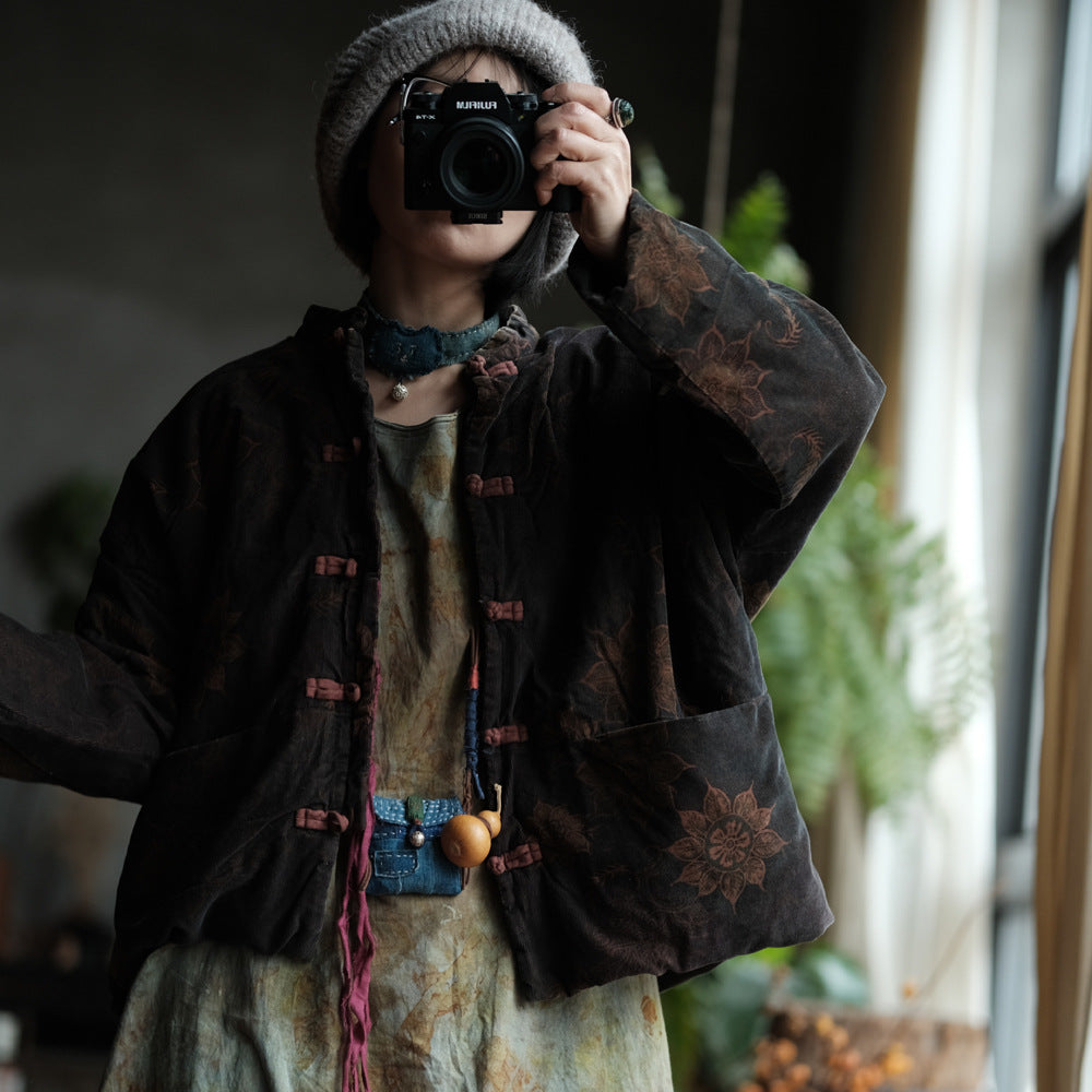 100% Cotton Women Quilted Chinese Jacket with Traditional Buttons and Vintage Print 250914a 2013