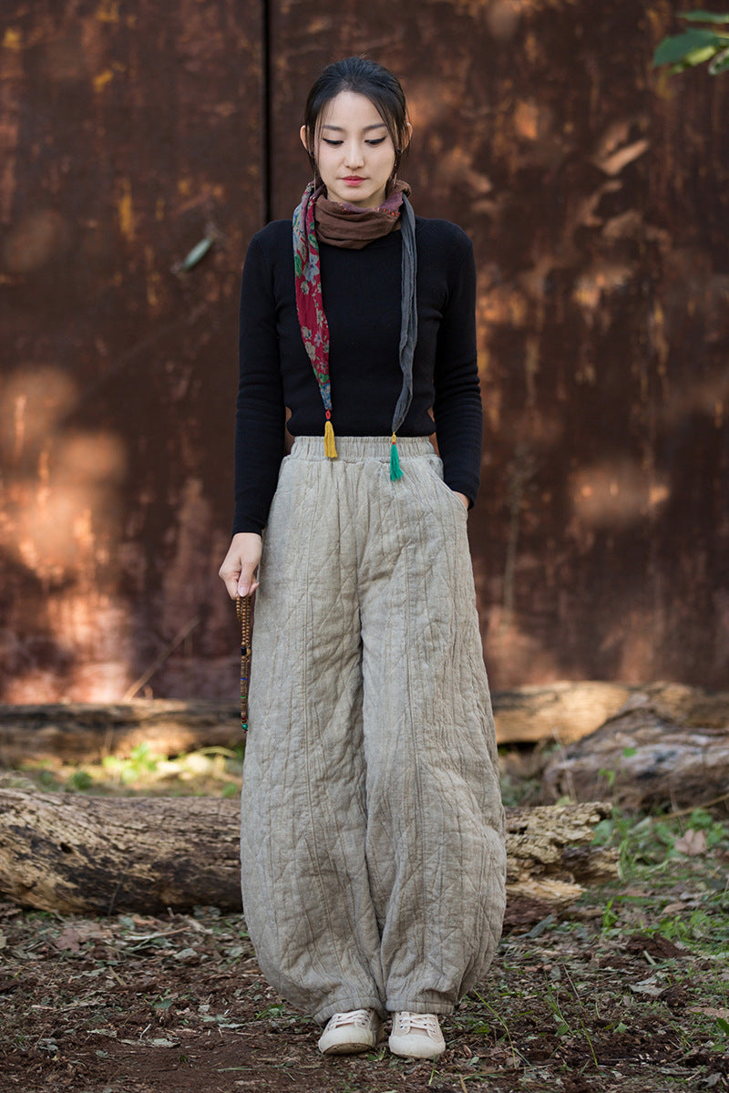 Ramie Linen Cotton Quilted Thick Pants with Pockets, winter women padded pants  251106w