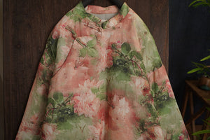 Linen Cotton Women Quilted Chinese Pullover with Vintage Floral Print and Traditional Chinese Buttons 2401125w