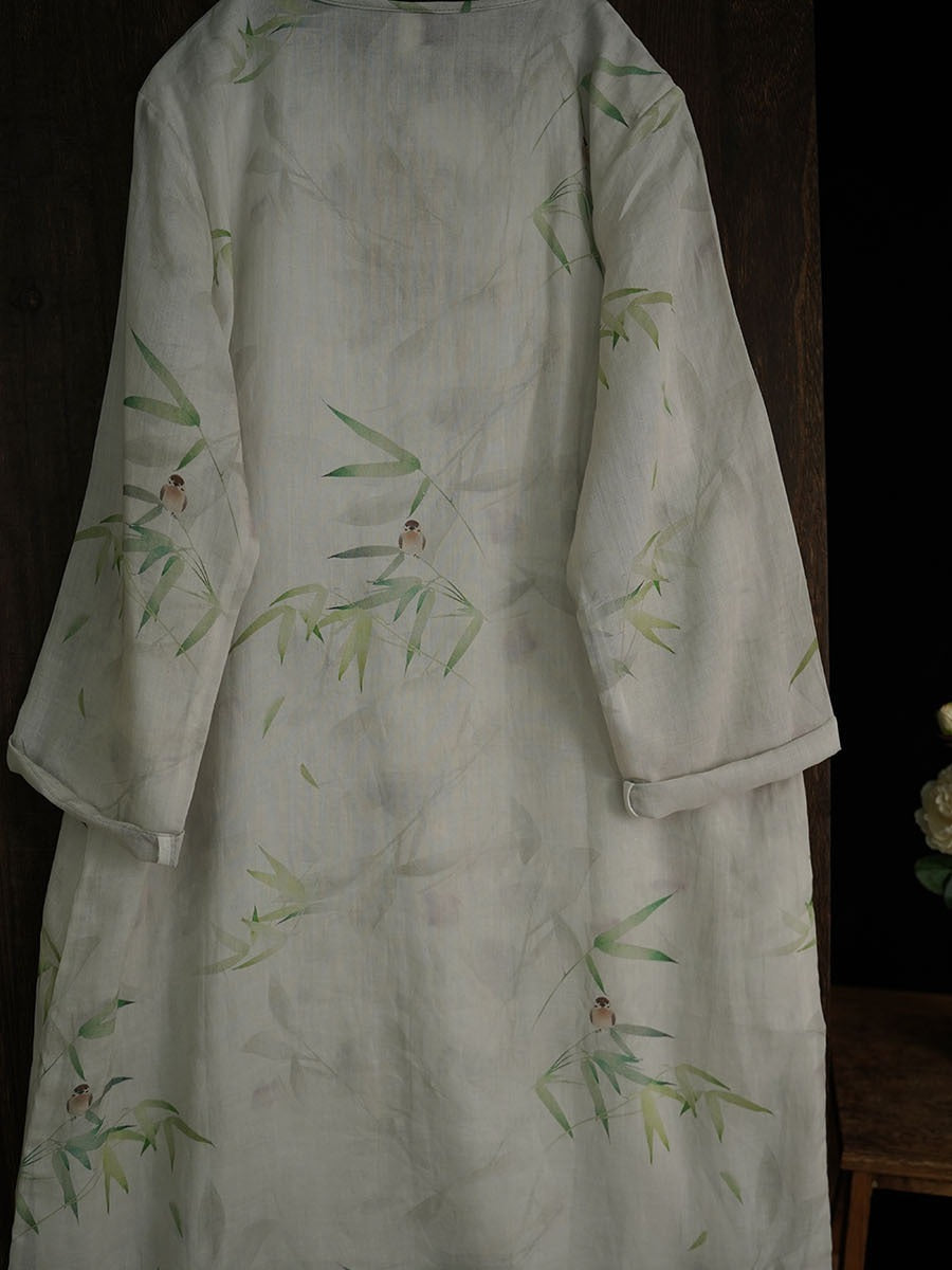 100% Ramie Linen Vintage Chinese Women Long Dress with Chinese Traditional Buttons and Vintage Floral Print 241205s