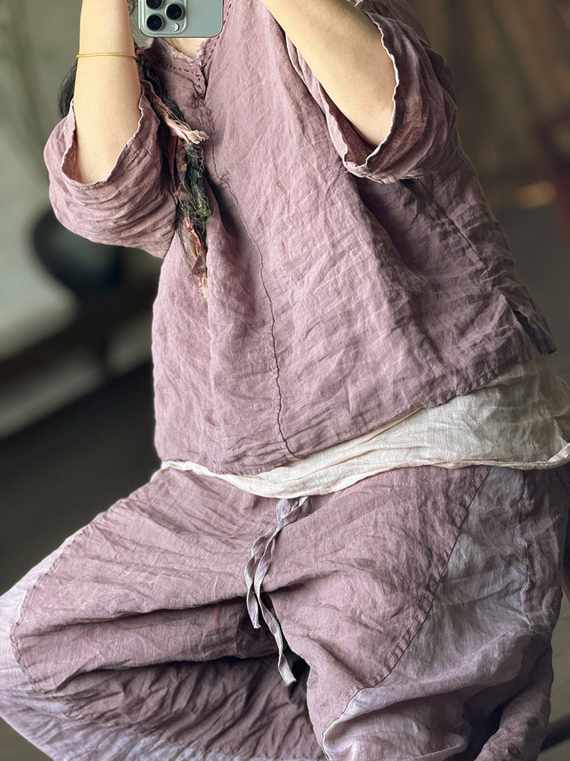 100% Linen Color-blocked Cropped Women Pants with Pockets 250802s 4347