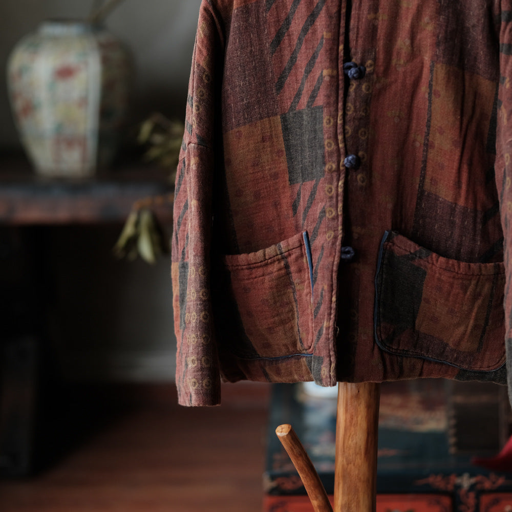 100% Cotton Women Quilted Chinese Jacket with Pockets and Vintage Print 251114w 1791