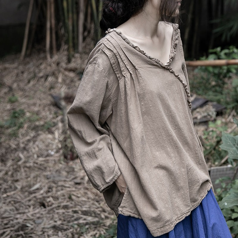 Linen Cotton Women Shirt Pullover with Ruffle Details 250401s