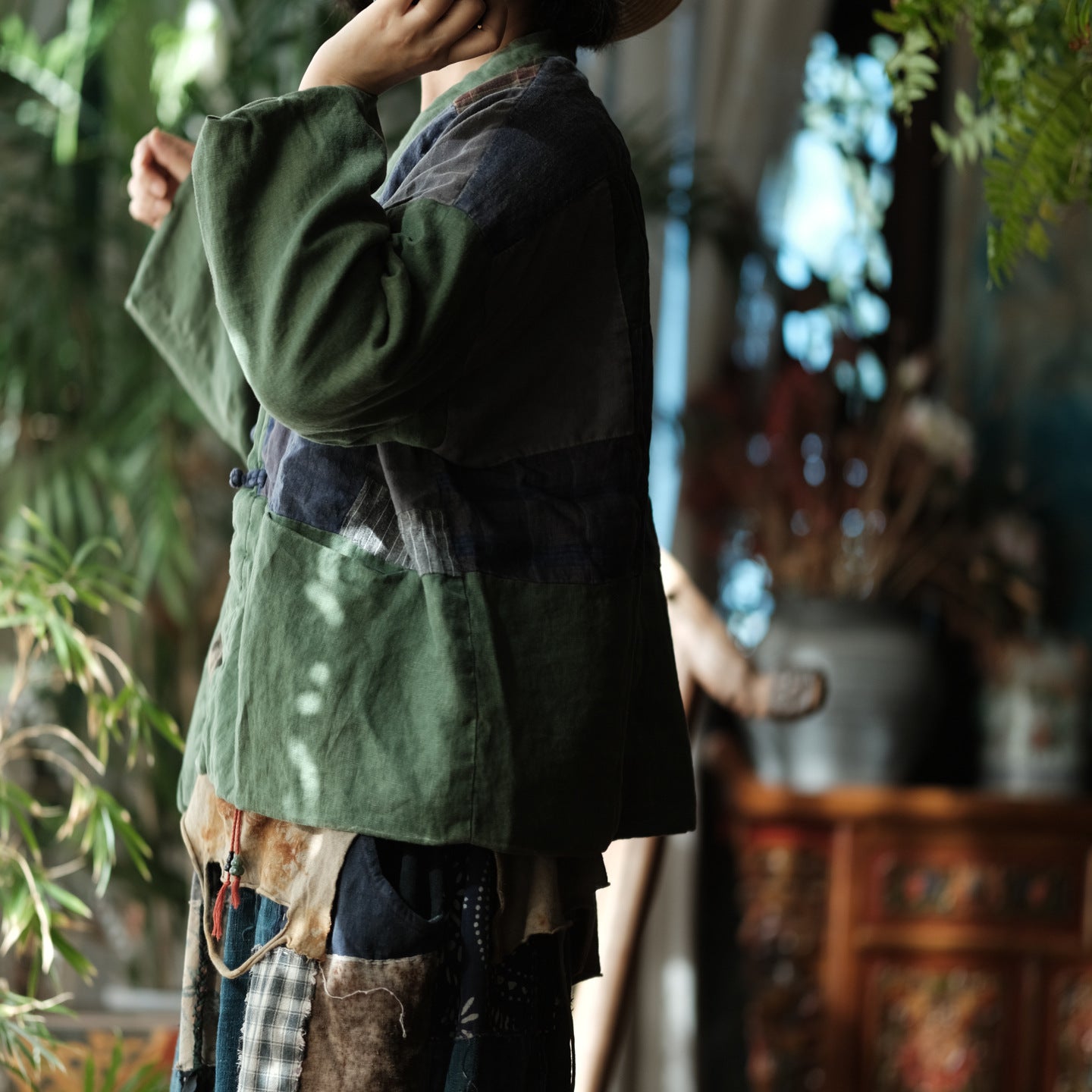 Linen Cotton Women Quilted Chinese Jacket in Patchwork Style with Traditional Buttons 251113w 1788