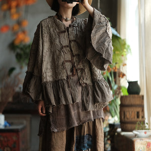 100% Cotton 3D Embroidered Ruffle Sleeve Blouse with Traditional Buttons 250402s 2365