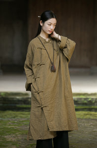 Linen Cotton Women Long Blouse with Pockets and Handwoven Buckle Button, chinese style women blouse linen, Taichi jacket, Tang suit 241003w