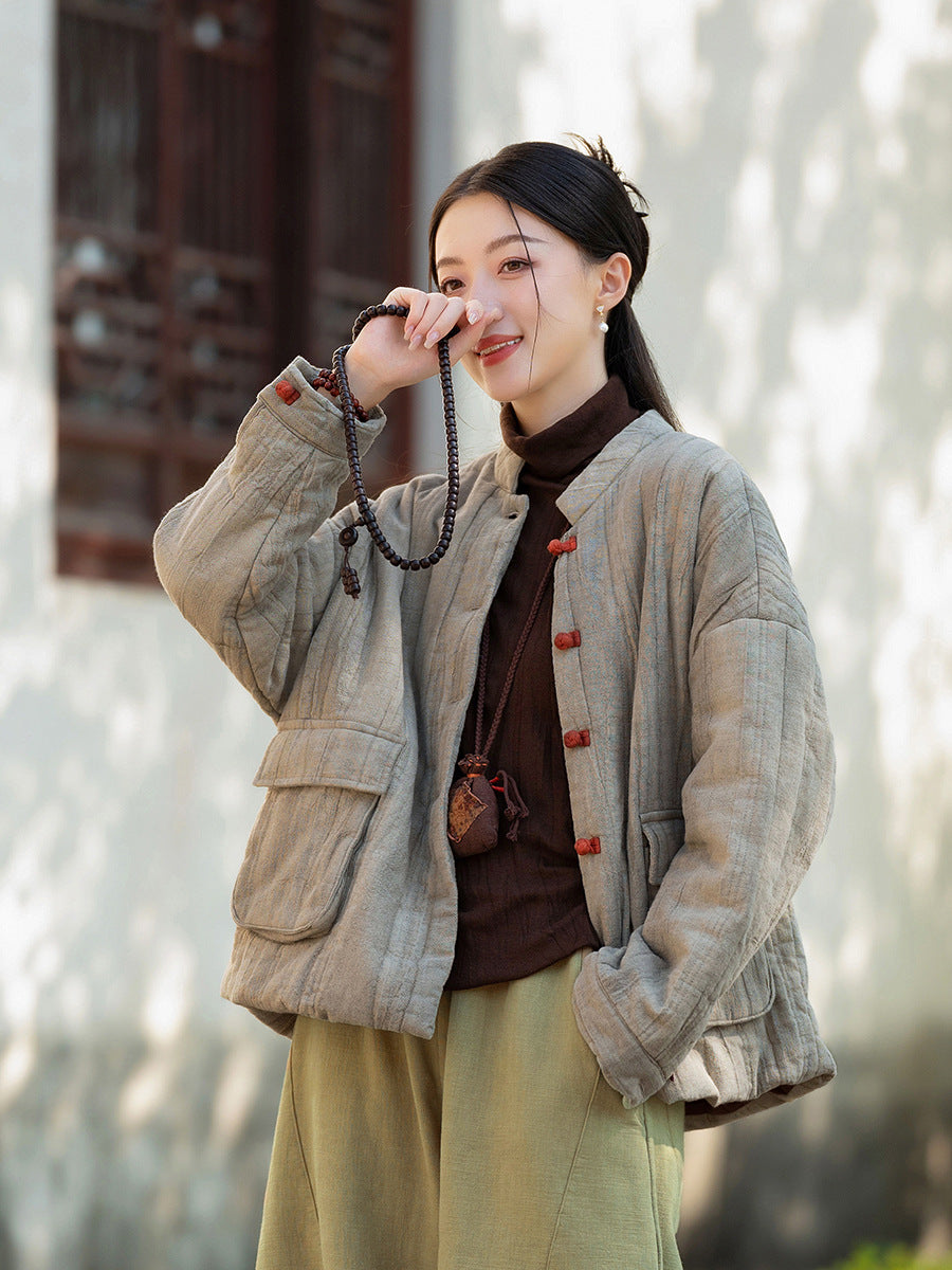 Ramie Linen Cotton Women Quilted Jacket with Pockets & Color-block Buttons in Hanfu Style, Chinese style Hanfu 251120w