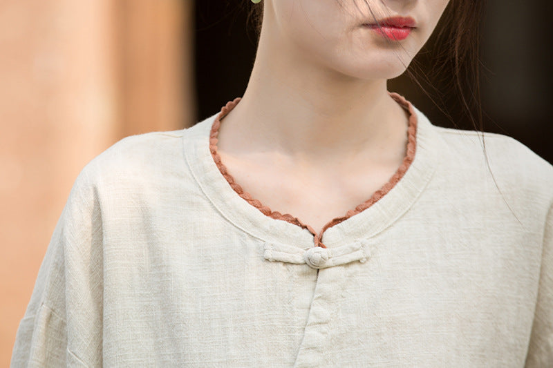 Ramie Linen Women Shirt in Hanfu Style with Diagonal Closure and Frog Buttons 250921a