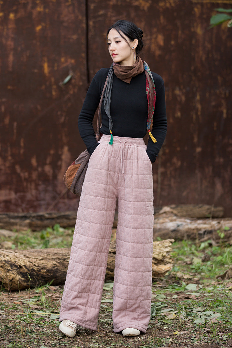 Ramie Linen Cotton Quilted Thick Pants with Pockets & Front Ties, winter women pants 251105w