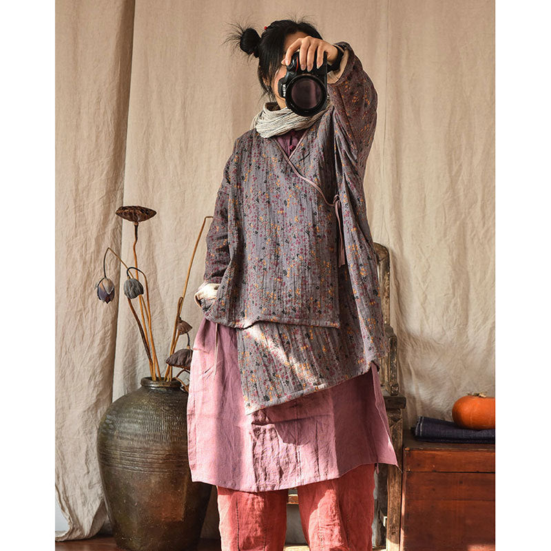 Linen Cotton Cross Collared Autumn Wrap Hanfu with Front-Tie 250905a