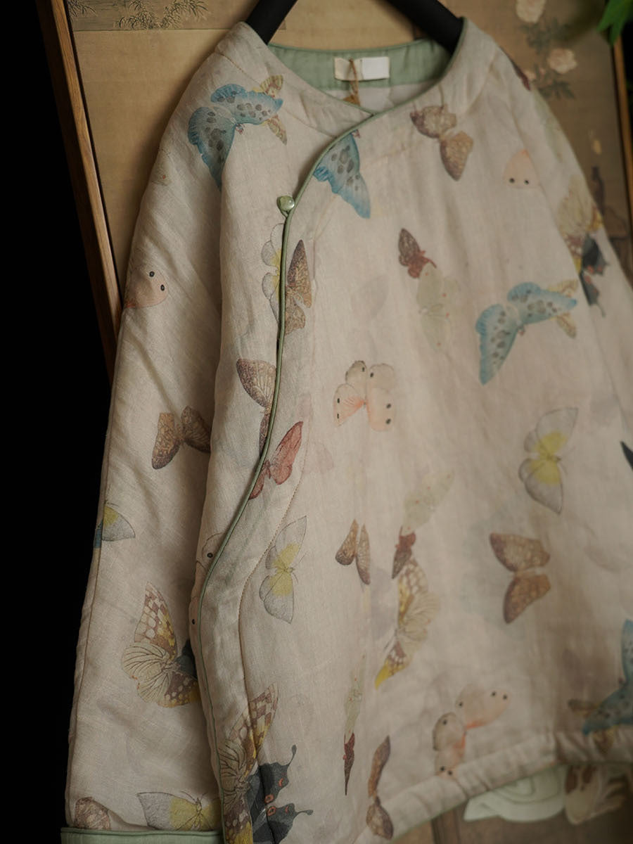 Linen Cotton Women Quilted Chinese Pullover with Vintage Butterfly Print and Traditional Chinese Buttons 251116w 162046